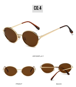 Three views of vintage oval gold metal sunglasses with dark brown lenses and C0.4 code