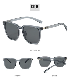 Three views of grey PC frame sunglasses showing front, back, and 45-degree angle detail