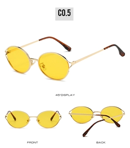 Detailed views of vintage round gold frame sunglasses with orange lenses from three angles