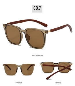Three views of sunglasses with transparent tea PC frames and dark brown wood grain temples
