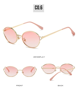 Three perspectives of round gold metal sunglasses with pink gradient lenses, model C0.6