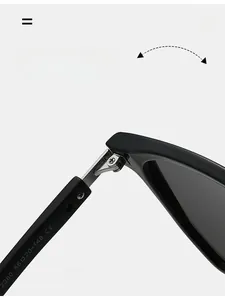 Close-up of durable metal hinge and size specifications on black sunglasses frame