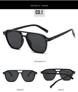 Trois perspectives de lunettes de soleil aviateur carrées noires à double pont