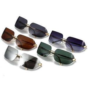 Fashion rimless sunglasses with metal snake-shaped temples in five colorful lens variants