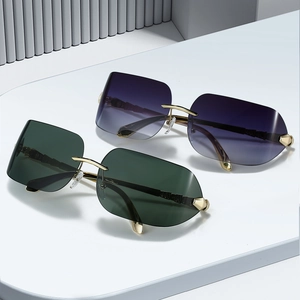 Frameless rimless sunglasses with metal snake-shaped temples in dark green and purple gradient