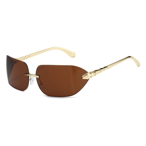Retro rimless sunglasses with brown lenses and golden snake shaped metal temples