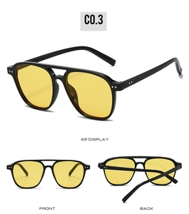 Trois vues de lunettes de soleil pilote vintage avec monture noir mat et verres jaunes