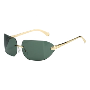 Frameless green sunglasses with gold metal temples and geometric cut lenses for women