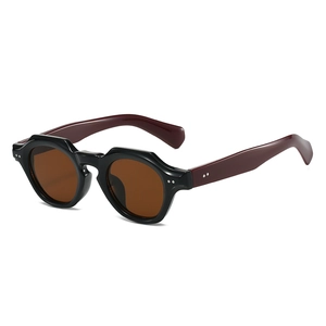 Vintage round frame sunglasses with black thick rims, burgundy temples and silver rivet accents