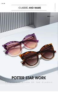Vue détaillée des lunettes de soleil œil-de-chat en dégradé violet et écaille de tortue