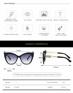 Diagramme technique détaillé montrant les dimensions et specs des lunettes de soleil