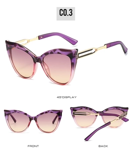 Vues détaillées de lunettes de soleil œil-de-chat à motif léopard violet et branches dorées