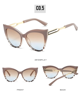 Détail de lunettes de soleil œil-de-chat avec monture brune et branches dorées