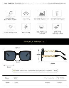 Detailed size chart and specifications for rectangular thick frame chain sunglasses