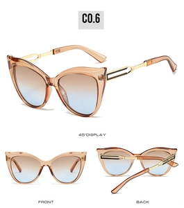 Détails de lunettes œil de chat champagne montrant les vues de face, de dos et à 45°