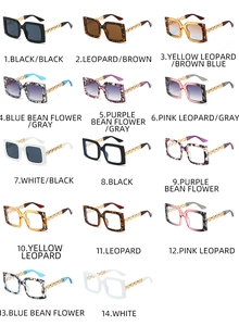 Detailed grid showing 14 pairs of oversized square sunglasses with metal chain temples