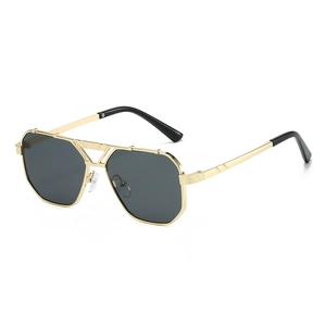 Square aviator sunglasses with gold geometric frames and grey UV protection lenses