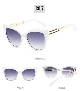 Vue sous trois angles de lunettes de soleil œil de chat blanches avec verres dégradés violets