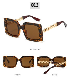 Three views of vintage square tortoiseshell sunglasses featuring gold chain-link arms