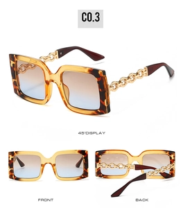 Detailed views of leopard print square sunglasses with golden metal chain temples