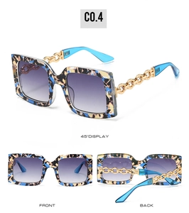 Detailed views of square oversized sunglasses featuring tricolor frames and gold chain temples