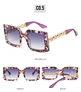Three-view display of purple leopard square sunglasses with gold chain temples