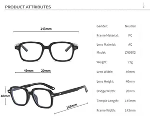 Detailed size chart for lightweight blue light blocking glasses showing dimensions