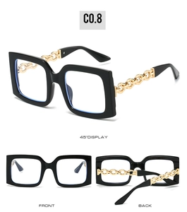 Detail of square black glasses showing front, back and 45-degree views with gold chain temples