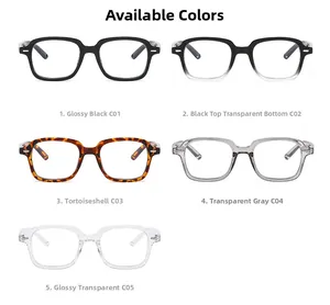 Detailed view of lightweight square eyewear frames in five different stylish color options