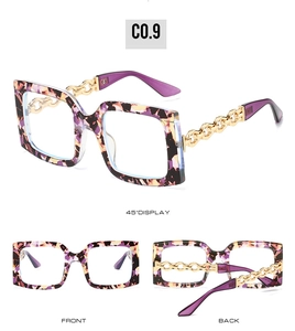 Three views of square tortoiseshell sunglasses featuring decorative gold chain temples