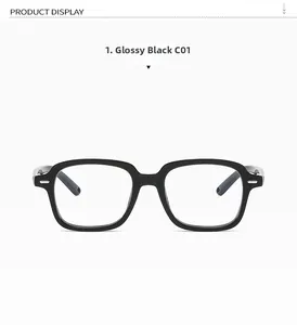 Detailed front view of bright black retro square frames with silver metal accents