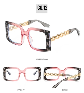 Multi-angle view of oversized square sunglasses with pink tortoiseshell frame and gold chain arms