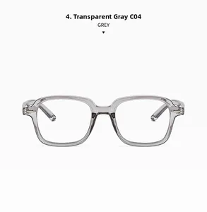 Detail view of transparent grey lightweight eyewear frames with reinforced metal hinges