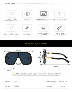 Size chart showing 151mm width and PC metal material for one-piece shield sunglasses