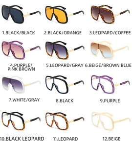 Detailed grid of oversized one-piece fashion sunglasses in various frame colors and lenses