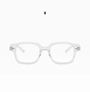 Detail shot of transparent square glasses frame in polished finish and modern style