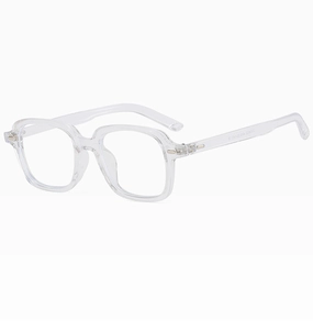 Detail view of transparent square frames showing TR90 model specs and CE certification