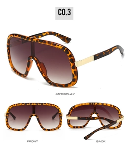 Detailed views of leopard print oversized shield sunglasses with gold metal temples