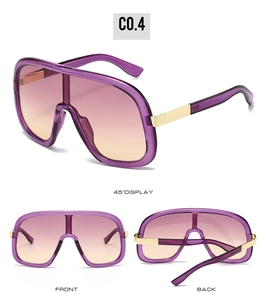 Front and back views of trendy oversized shield sunglasses with purple frames and pink gradient lenses