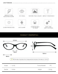 Size chart showing exact dimensions and weight of lightweight blue light glasses