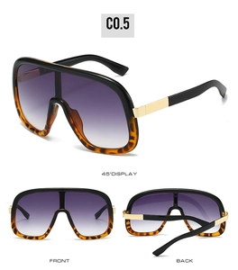 Three views of oversized sunglasses with purple gradient lenses and tortoise shell accents