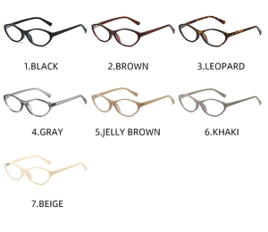 Detailed flat lay of ultra-light oval eyewear frames in seven assorted stylish colors
