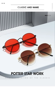 Détails de lunettes de soleil rondes rétro en métal avec verres rouges et bruns