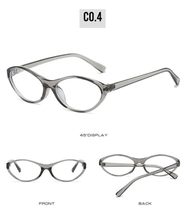 Three-view display of ultra-light transparent grey oval cat-eye anti-blue light glasses
