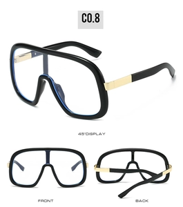 Detailed views of stylish oversized shield sunglasses with gold metal temples and blue accents