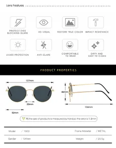 Spécifications de taille pour lunettes de soleil rondes vintage en métal avec mesures