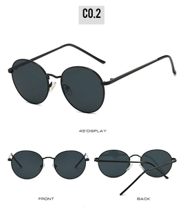 Présentation sous trois angles de lunettes de soleil rondes en métal noir au style rétro