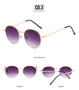 Vues détaillées de lunettes de soleil rondes en métal vintage avec verres dégradés violets