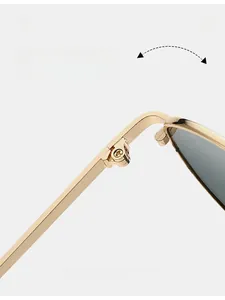 Détail des charnières métalliques dorées sur des lunettes de soleil rondes classiques