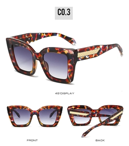 Detailansicht der Cateye-Sonnenbrille mit Schildpattmuster, lila Verlaufsgas und Golddekor